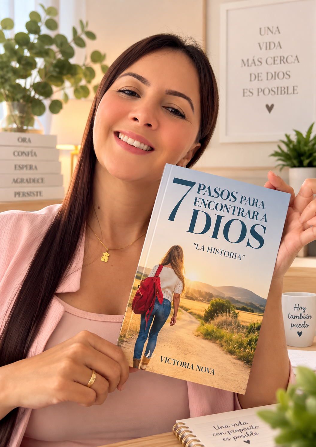 La autora de KYRIOS sonriendo mientras presenta su libro 7 Pasos para Encontrar a Dios