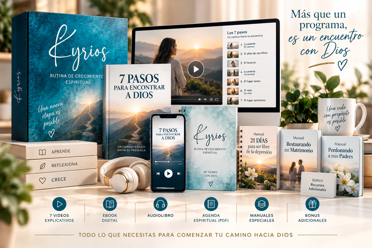 Paquete completo KYRIOS: libro 7 Pasos para Encontrar a Dios, audiolibro en el teléfono, videos, agenda espiritual y manuales